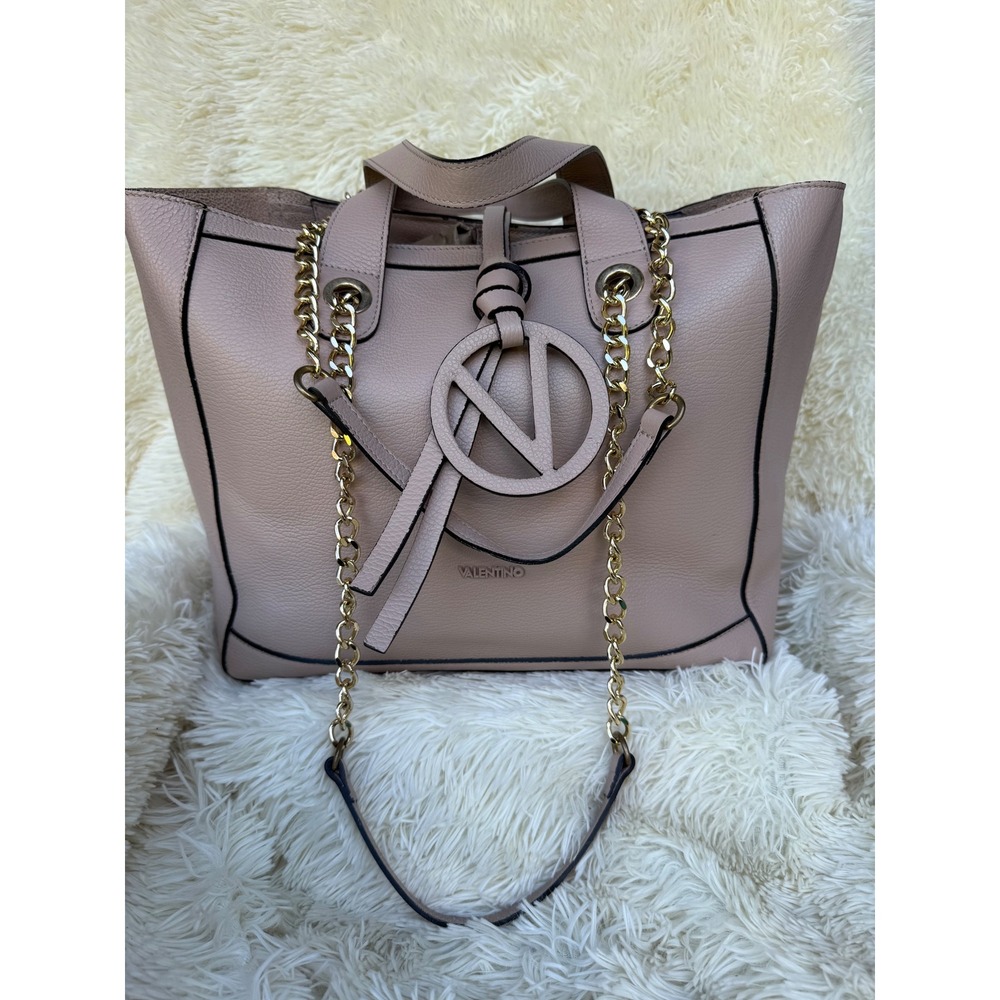 Valentino by Mario Valentino Pink Pebbled Leather Tote Bag Gold Chain V Logo